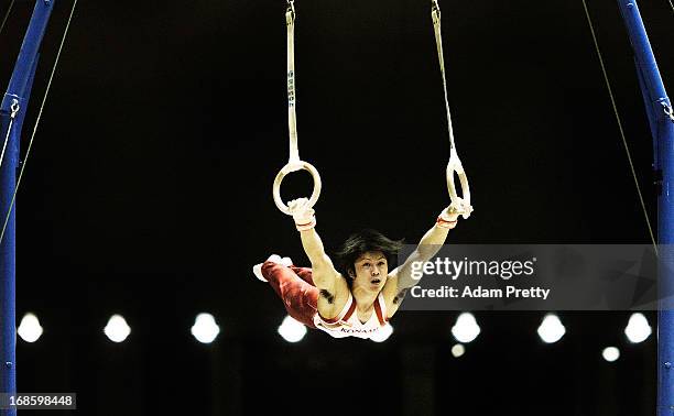 Kohei Uchimura of Japan performs his rings routine during day two of the 67th All Japan Artistic Gymnastics Individual All Around Championship at...