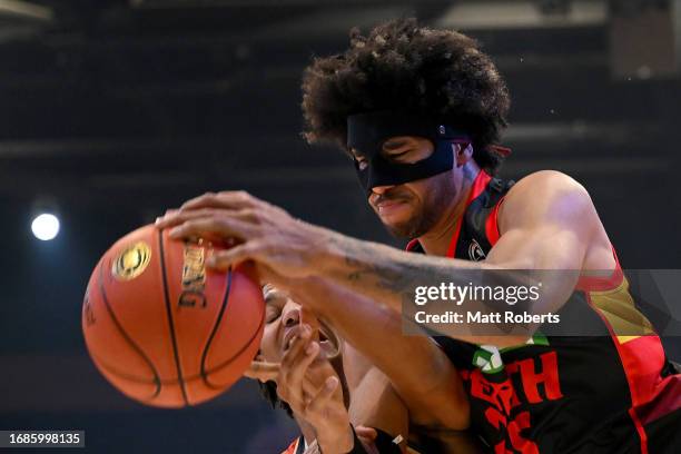 Keanu Pinder of the Wildcats competes for the ball during the 2023 NBL Blitz match between Cairns Taipans and Perth Wildcats at Gold Coast Convention...