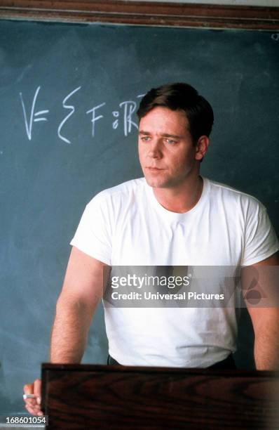 Russell Crowe at chalkboard in a scene from the film 'A Beautiful Mind', 2001.