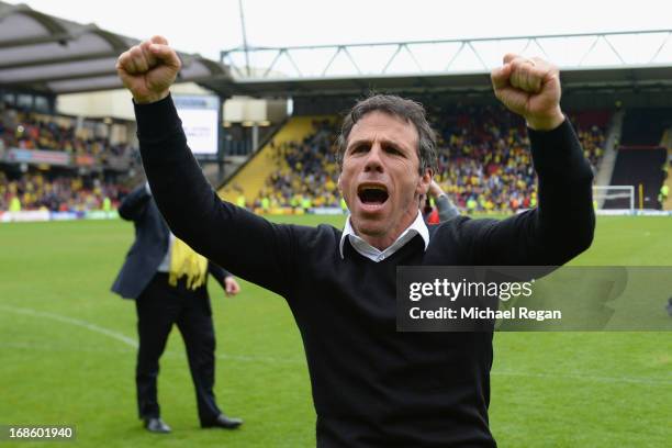 Watford manager Gianfranco Zola celebrates after winning the npower Championship Play Off Semi Final: Second Leg between Watford and Leicester City...