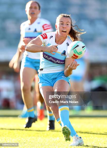 Georgia Hale of the Titans in action during the round nine NRLW match between Canberra Raiders and Gold Coast Titans at GIO Stadium, on September 17...