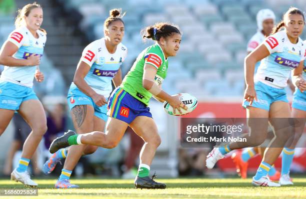 Chante Temara of the Raiders in action during the round nine NRLW match between Canberra Raiders and Gold Coast Titans at GIO Stadium, on September...