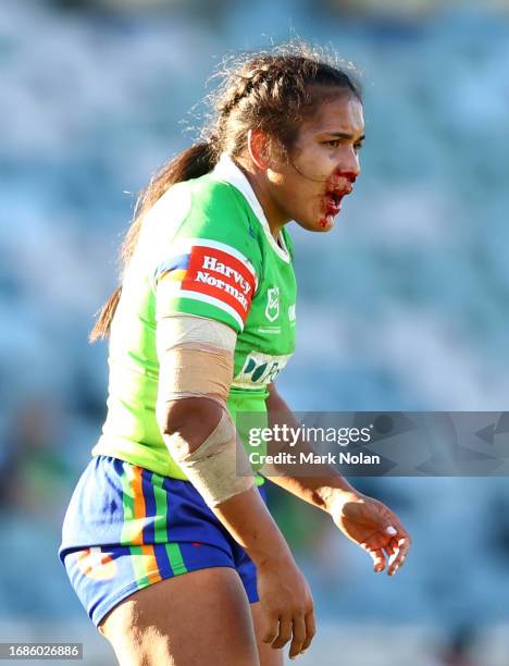 Simaima Taufa of the Raiders is pictured with blood coming from her nose during the round nine NRLW match between Canberra Raiders and Gold Coast...
