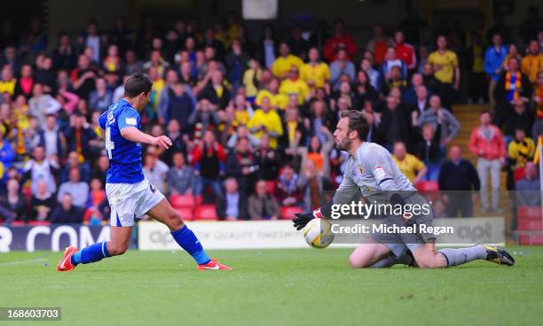 Manuel Almunia of Watford saves from Anthony Knockaert of Leicester during the npower Championship Play Off Semi Final: Second Leg between Watford...