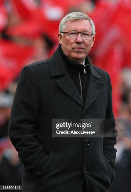 Manchester United Manager Sir Alex Ferguson looks on prior to the Barclays Premier League match between Manchester United and Swansea City at Old...