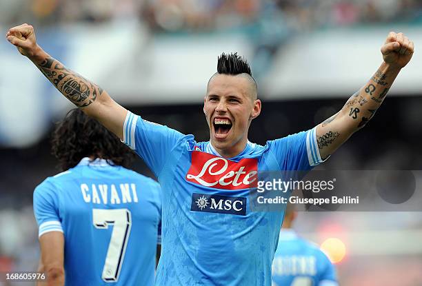 Marek Hamsik of Napoli celebrates after scoring the goal 2-1 during the Serie A match between SSC Napoli and AC Siena at Stadio San Paolo on May 12,...