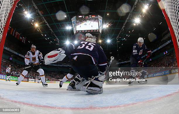 Justin Faulk of USA controls the puck during the IIHF World Championship group H match between USA and Germany at Hartwall Areena on May 12, 2013 in...