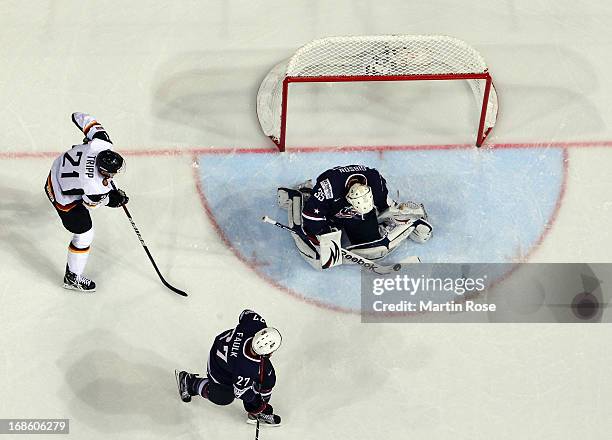 John Gibson , goaltender of USA makes a save during the IIHF World Championship group H match between USA and Germany at Hartwall Areena on May 12,...