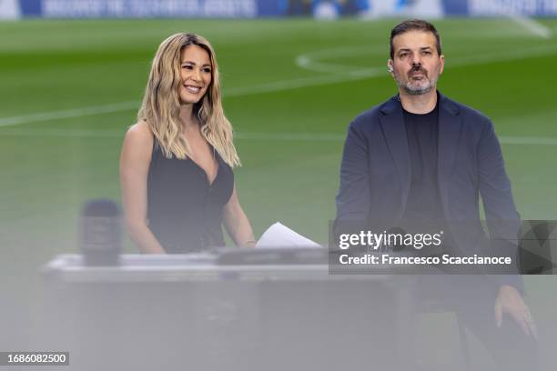 Diletta Leotta and Andrea Stramaccioni look on ahead of the Serie A TIM match between FC Internazionale and AC Milan at Stadio Giuseppe Meazza on...