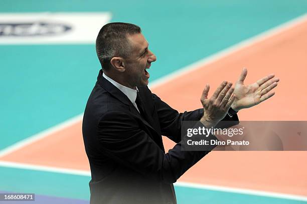 Radostin Stoytchev head coach of Itas Diatec Trentino applaud during game 5 of Playoffs Finals between Itas Diatec Trentino and Copra Elior Piacenza...