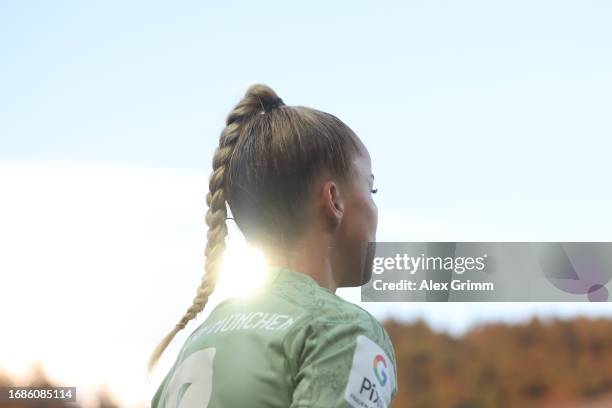 Giulia Gwinn of Bayern Muenchen Women reacts during the Google Pixel Women's Bundesliga match between SC Freiburg and FC Bayern München at...