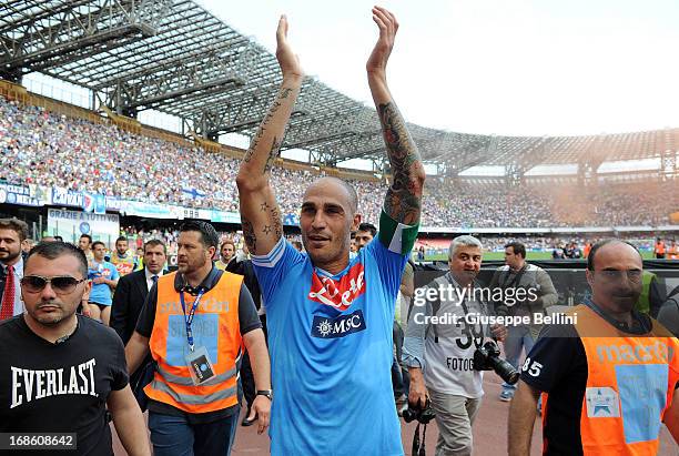 Paolo Cannavaro of Napoli celebrates the victory after the Serie A match between SSC Napoli and AC Siena at Stadio San Paolo on May 12, 2013 in...