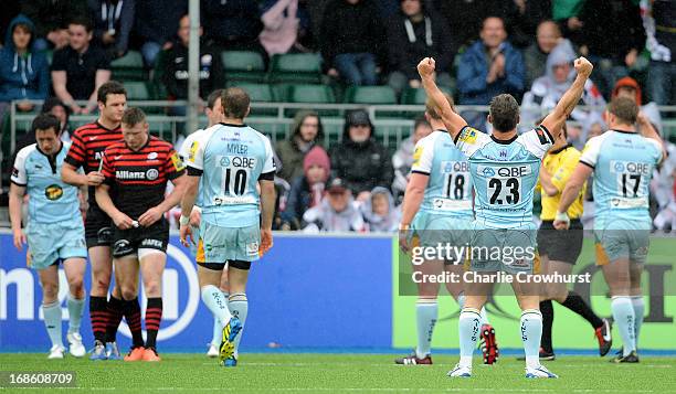 Tom May of Northampton celebrates at the final whistle during the Aviva Premiership Semi Final match between Saracens and Northampton Saints at...