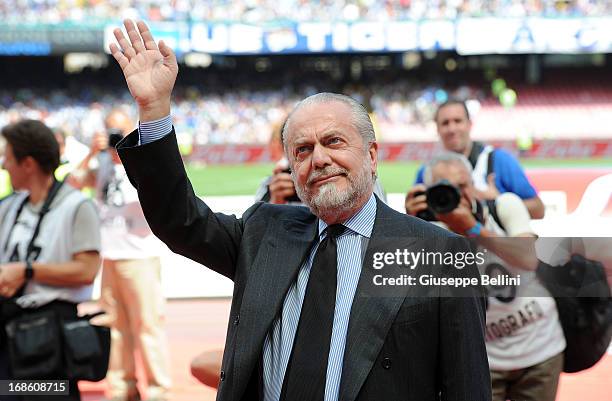 Aurelio De Laurentis President of Napoli before the Serie A match between SSC Napoli and AC Siena at Stadio San Paolo on May 12, 2013 in Naples,...