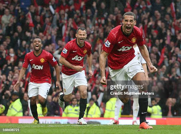 Rio Ferdinand of Manchester United celebrates scoring their second goal during the Barclays Premier League match between Manchester United and...