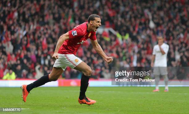 Rio Ferdinand of Manchester United celebrates scoring their second goal during the Barclays Premier League match between Manchester United and...