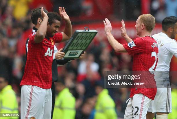 Paul Scholes of Manchester United is substituted for Anderson in his final game for the club during the Barclays Premier League match between...