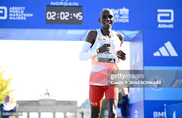 Kenya's Eliud Kipchoge smiles asfter crossing the finish line to win the men's race of the Berlin Marathon on September 24, 2023 in Berlin, Germany.