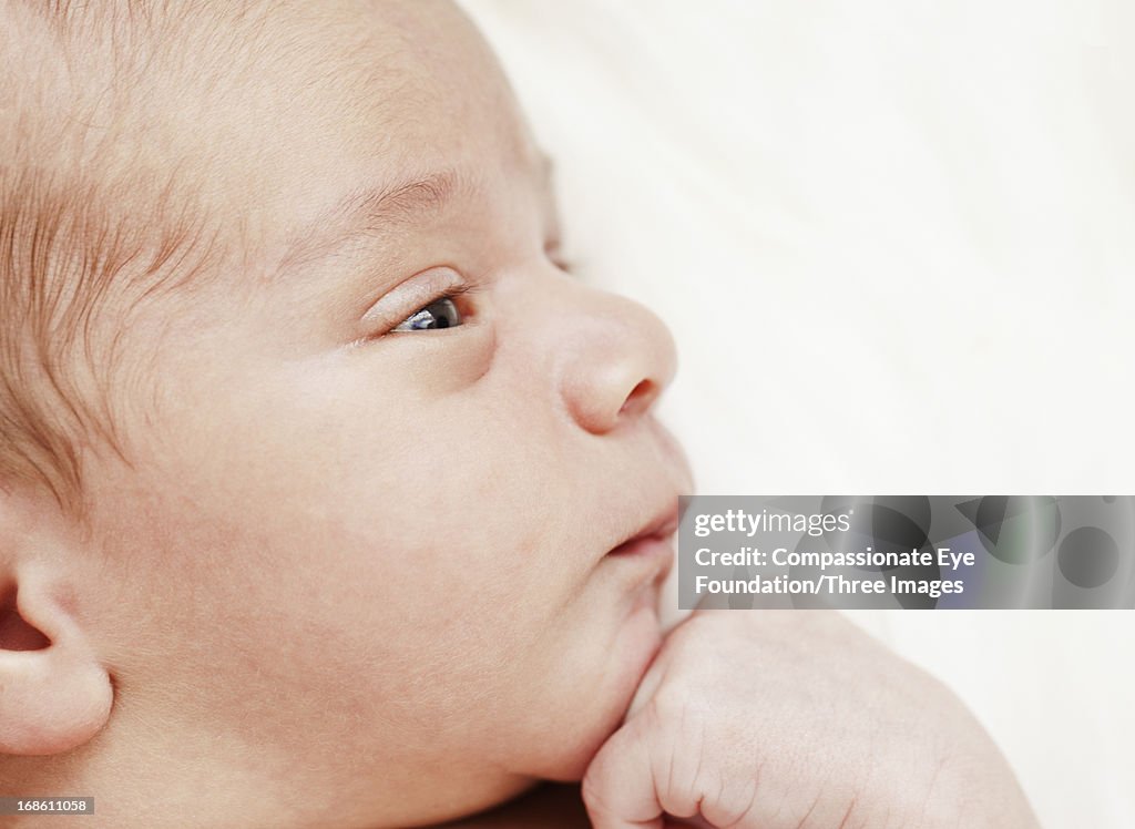 Baby with hand on chin, close up