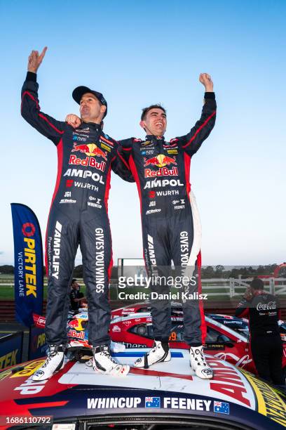 Jamie Whincup driver of the Red Bull Ampol Racing Chevrolet Camaro ZL1 and Broc Feeney driver of the Red Bull Ampol Racing Chevrolet Camaro ZL1...