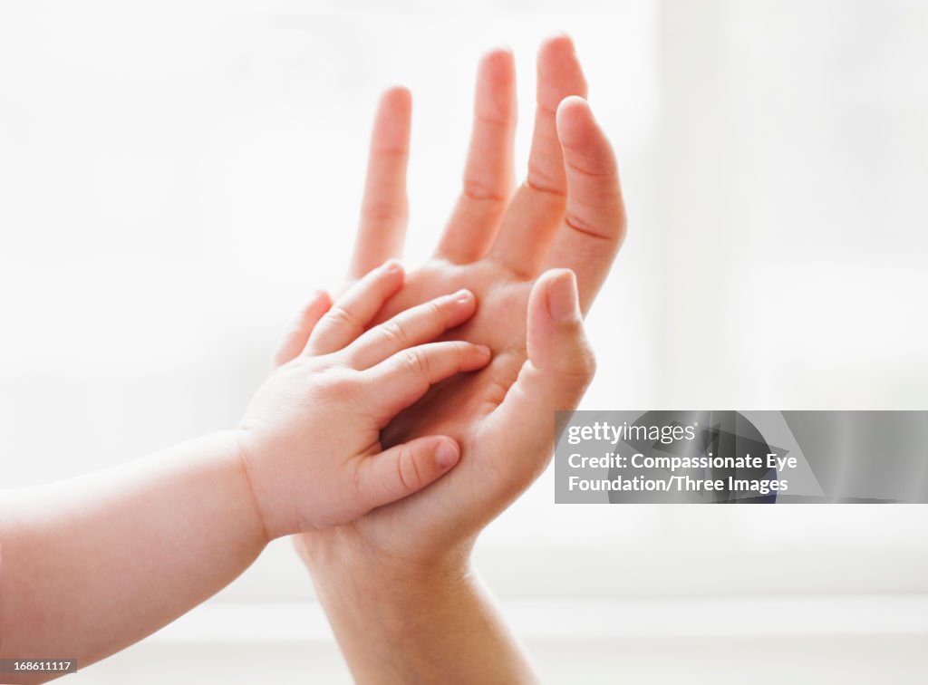 Baby touching mother's hand
