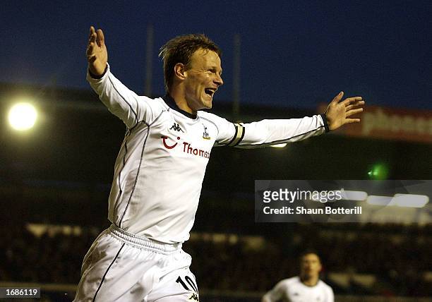 Teddy Sheringham of Tottenham Hotspur celebrates scoring the opening goal during the FA Barclaycard Premiership match between Birmingham City and...