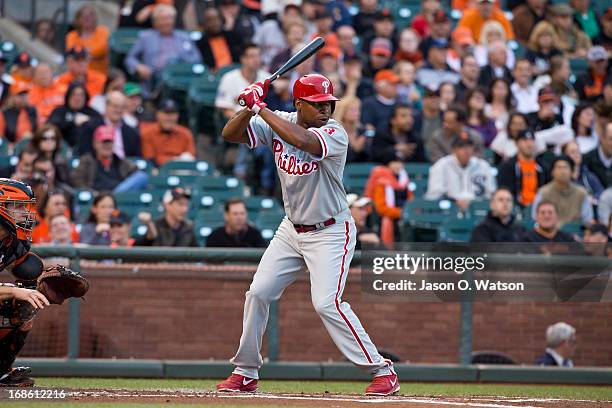 Delmon Young of the Philadelphia Phillies at bat against the San Francisco Giants during the first inning at AT&T Park on May 6, 2013 in San...