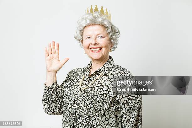 retro queen waving - fat woman funny stockfoto's en -beelden