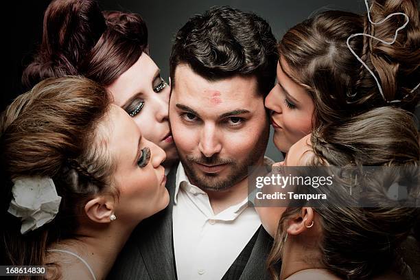 succesful latin lover, a groom with four brides. - polygamie stockfoto's en -beelden