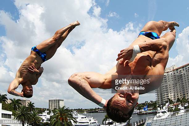 Patrick Hausding and Sascha Klein of Germany dive during the Men's 10 Meter Platform Synchronized Finals at the Fort Lauderdale Aquatic Center on Day...