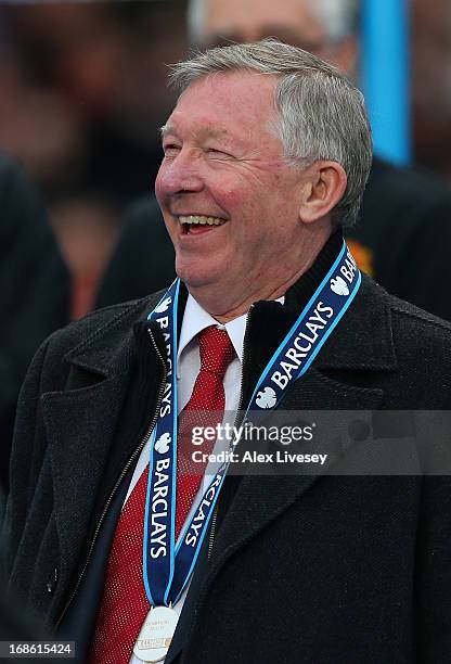 Manchester United Manager Sir Alex Ferguson smiles following the Barclays Premier League match between Manchester United and Swansea City at Old...