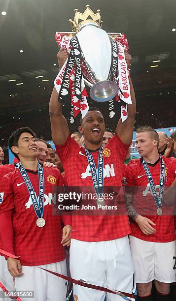 Nani of Manchester United lifts the Premier League trophy after the Barclays Premier League match between Manchester United and Swansea at Old...