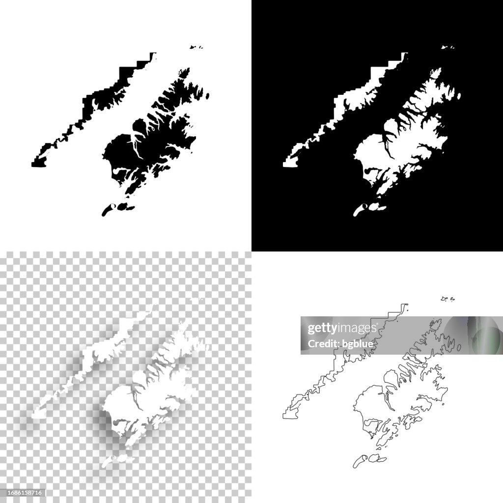 Kodiak Island, Alaska. Maps for design. Blank, white and black backgrounds