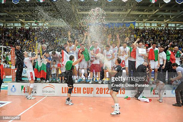 Players of Itas Diatec Trentino celebrate victory during the cup presentation ceremony after game 5 of Playoffs Finals between Itas Diatec Trentino...