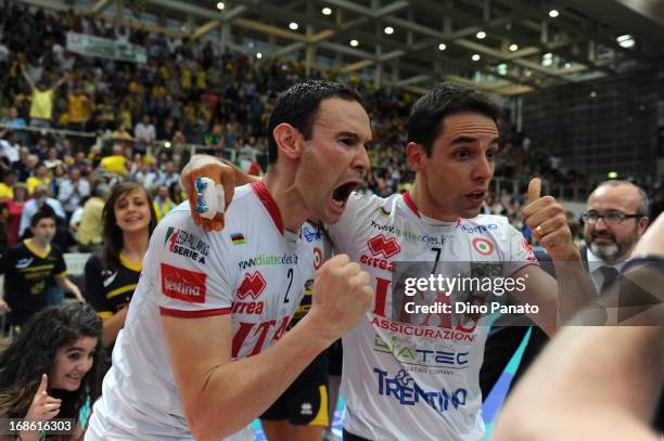 Raphael Vieira de Oliveira and Giacomo Sintiniof Itas Diatec Trentino Trentino celebrate victory after game 5 of Playoffs Finals between Itas Diatec...