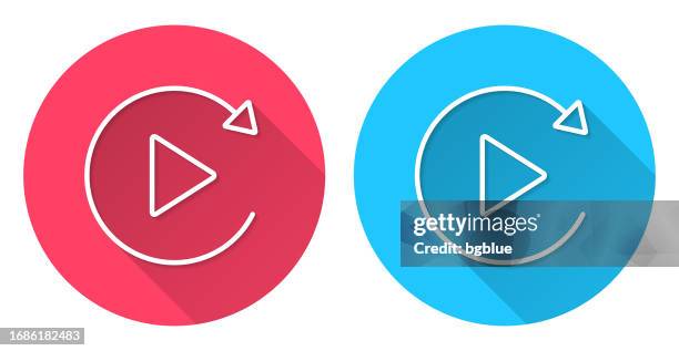 replay. round icon with long shadow on red or blue background - blue-play-button stock illustrations
