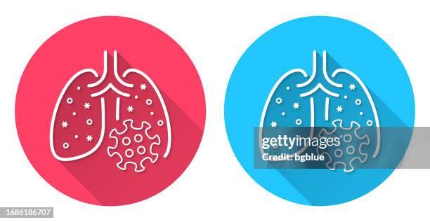 mit dem coronavirus infizierte lunge. rundes symbol mit langem schatten auf rotem oder blauem hintergrund - lungenentzündung stock-grafiken, -clipart, -cartoons und -symbole