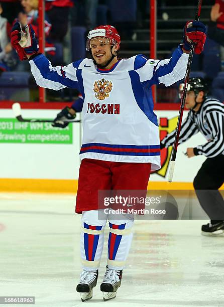 Denis Denisov of Russia celebrates after he scores his team's 3rd goal during the IIHF World Championship group H match between Slovakia and Russia...