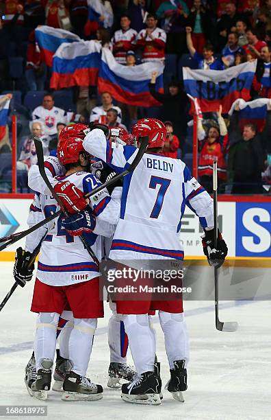 Team members of Russia celebrates their 3rd goal during the IIHF World Championship group H match between Slovakia and Russia at Hartwall Areena on...