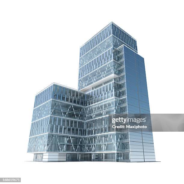 successful business: modern corporate office building with clipping path - wolkenkrabber stockfoto's en -beelden