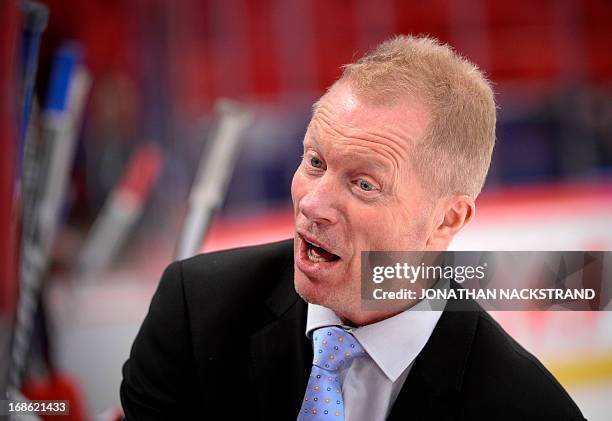 Norway's head coach Roy Johansen reacts during the preliminary round match Norway vs Switzerland at the 2013 IIHF Ice Hockey World Championships on...