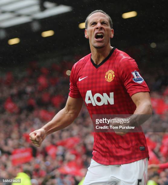 Rio Ferdinand of Manchester United celebrates scoring their second goal during the Barclays Premier League match between Manchester United and...