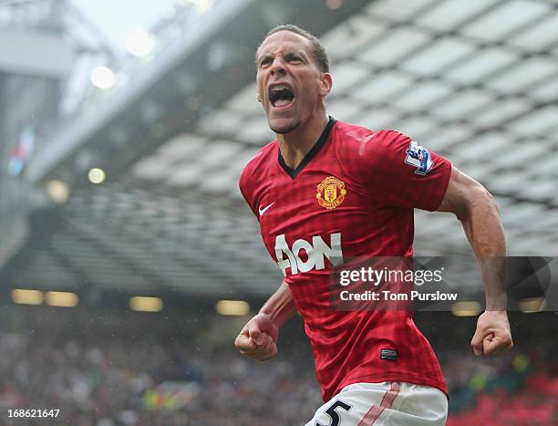 Rio Ferdinand of Manchester United celebrates scoring their second goal during the Barclays Premier League match between Manchester United and...