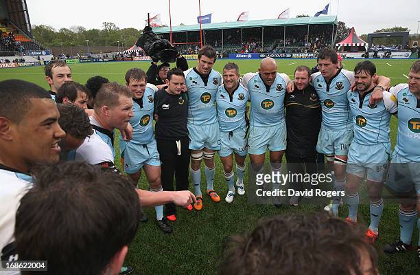 Dylan Hartley, the Northampton captain, talks to his team after their victory during the Aviva Premiership semi final match between Saracens and...