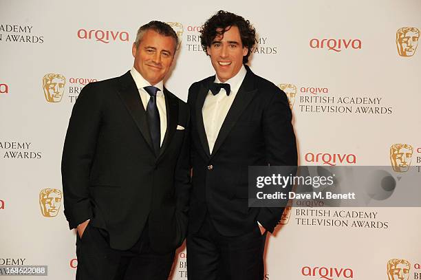 Presenters Matt Leblanc and Stephen Mangan pose in the press room at the Arqiva British Academy Television Awards 2013 at the Royal Festival Hall on...