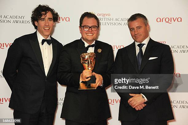 Stephen Mangan, Alan Carr, winner of Best Entertainment Performance, and Matt Leblanc pose in the press room at the Arqiva British Academy Television...