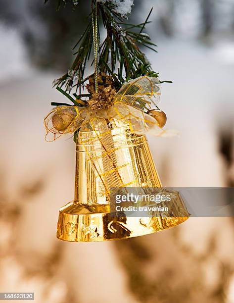 christmas bell on pine tree - chinese lantern lily stock pictures, royalty-free photos & images