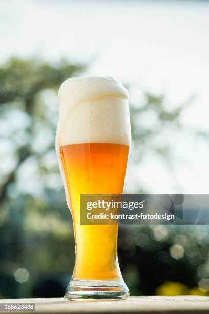 glass of wheat beer in a biergarden weizenbier hefeweizen - wheat beer stock pictures, royalty-free photos & images