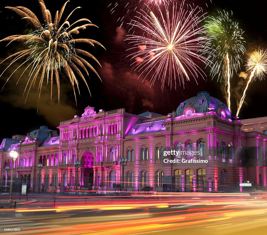 Argentina Buenos Aires Casa Rosada at night with fireworks