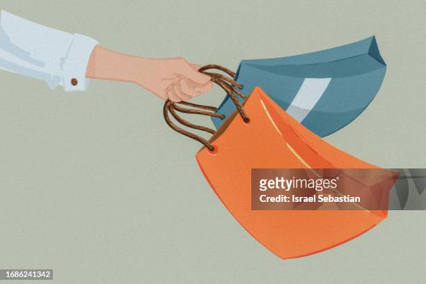 digital illustration of a female hand holding shopping bags. - handbag illustration stock pictures, royalty-free photos & images